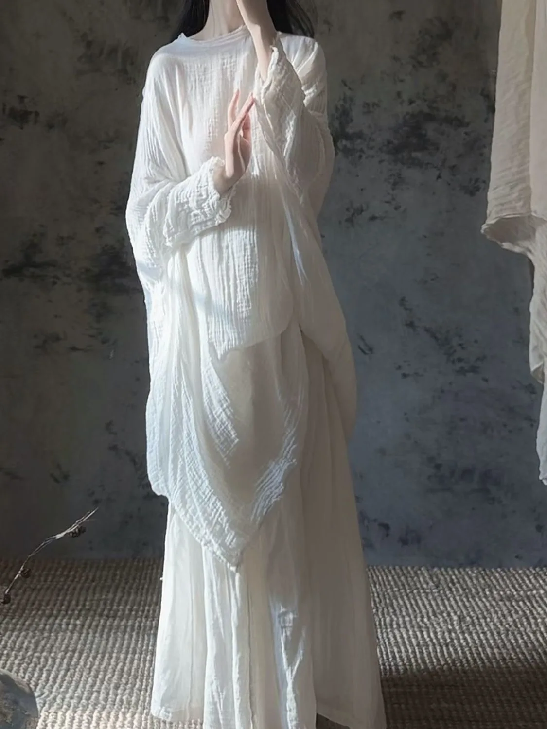 White Textured Cotton Linen Set Women's Ancient Chinese Style Zen Clothing Cool Sensation High End Hanfu Upper Apparel