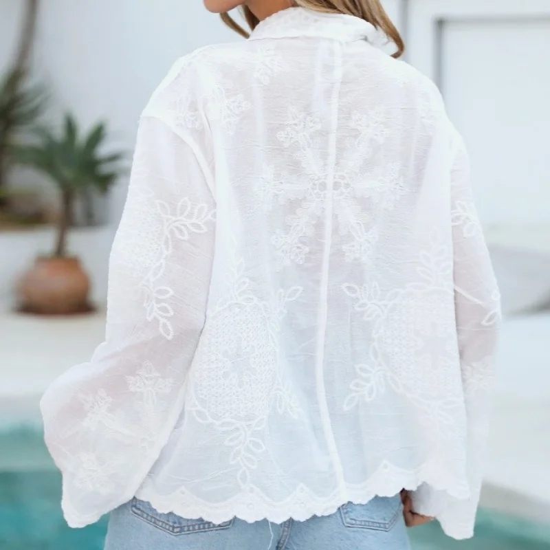 Fashion Lace Embroidery Shirt Women Beach Wear Vintage Turn Down Collar Long Sleeve Cover Up 2025 New Casual Sunscreen Cover-ups