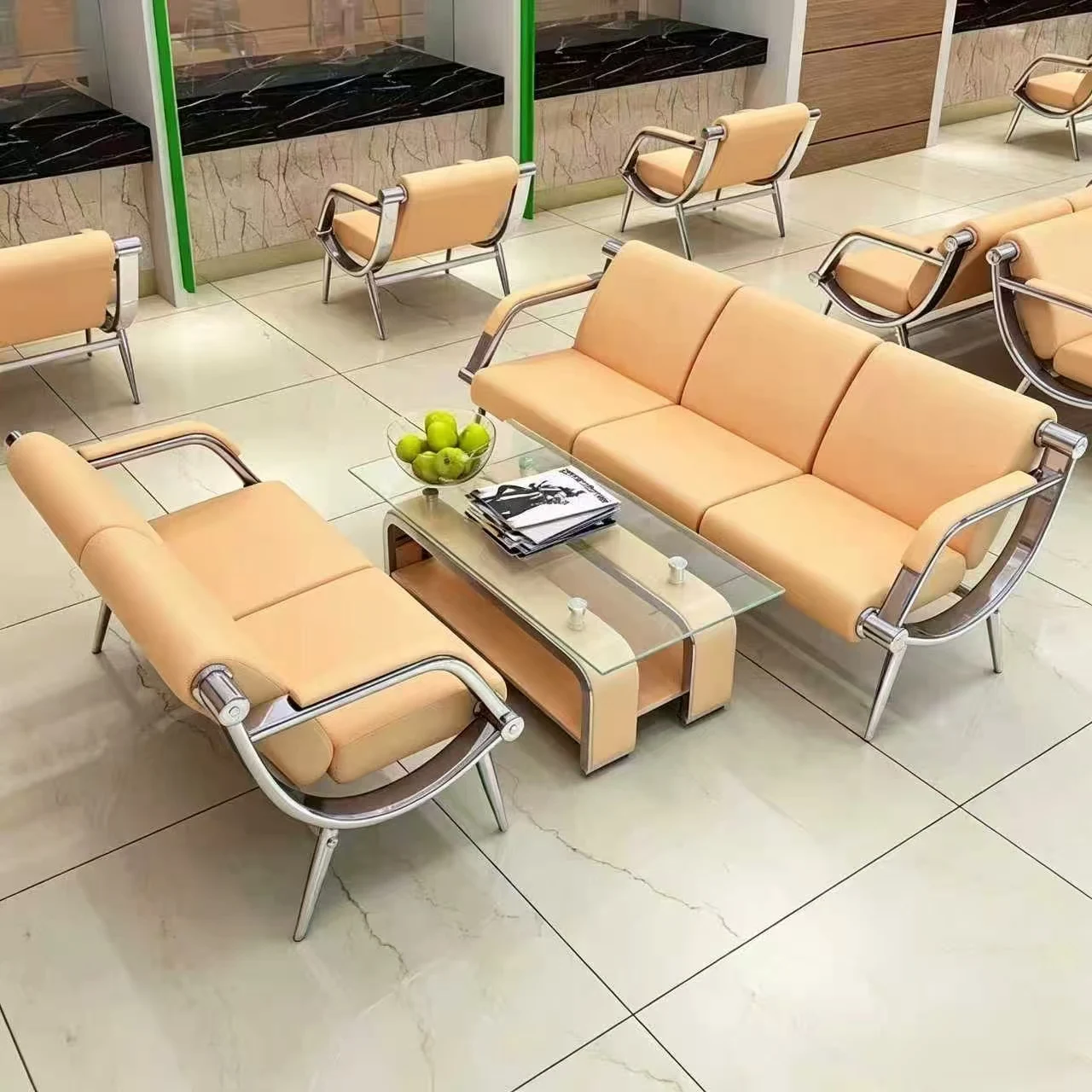 Stainless steel three-seater bench, hospital waiting chair, sofa, public multi-seat, embedded bench