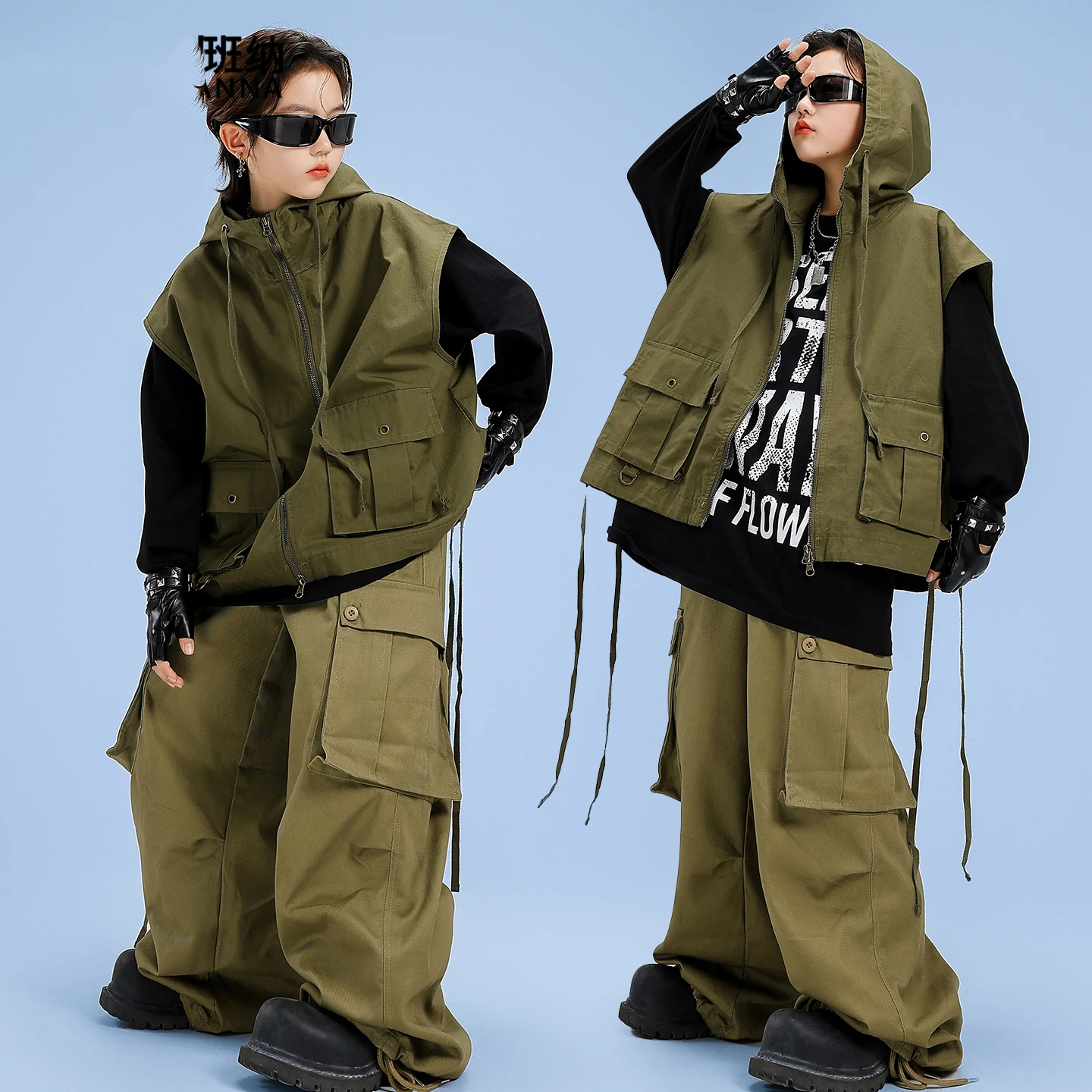 2025 niños verde Sudadera con capucha chaleco pantalones sueltos traje para niñas trajes de baile de Jazz niños salón de baile cadera danza Rave ropa DQS21374
