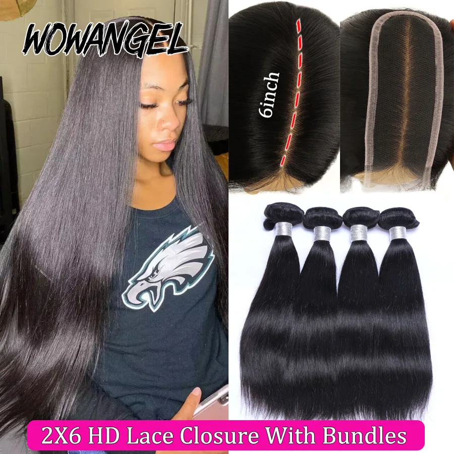 Wow Angel 2x6 HD Lace Closure mit Haarbündeln aus Echthaar, tiefer Scheitel, hautnahe Passform, 30-32 Zoll, brasilianische glatte Haarverlängerungen – Detail 1