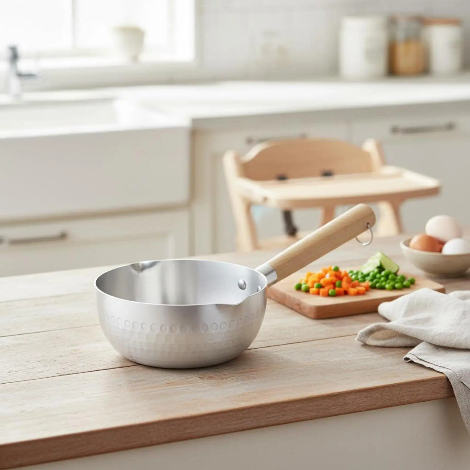 Nonstick Industrial Milk Pan for Infant Meals and Snacks with Pour Spouts and Wooden Handle for Kitchen Use