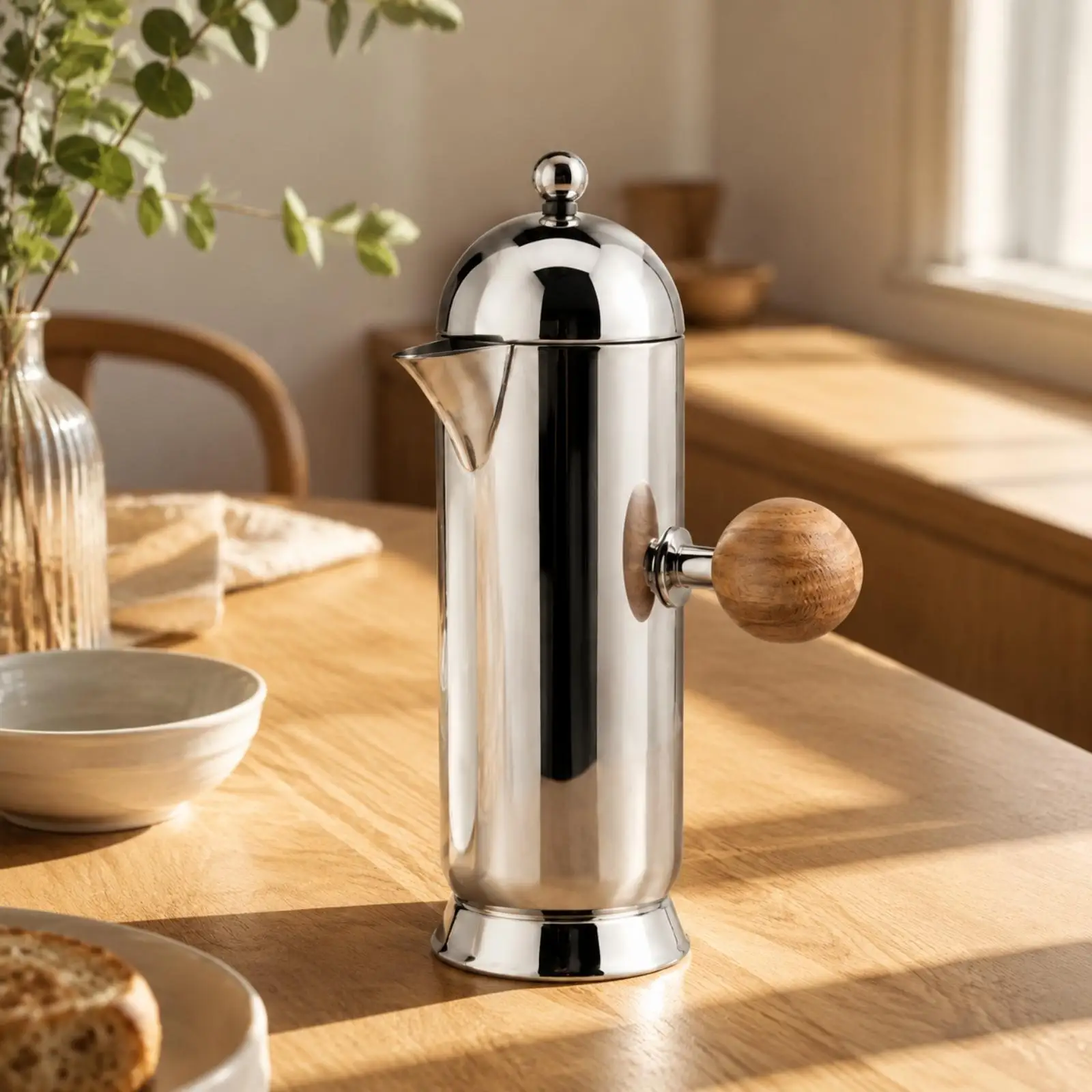 Coffee Plunger Pot with Wooden Handle | Pointed Pouring Spout, Polished Mirror Finish, Stainless Steel plunger pot, for Kitchen