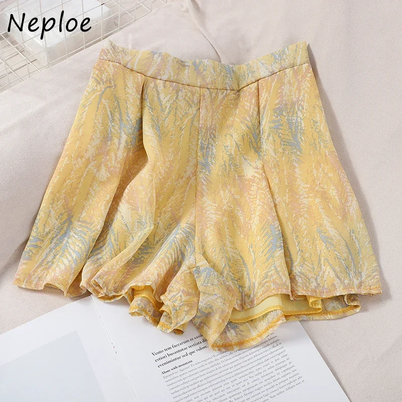 Neploe 2 Piece Outfits Women Fashion Strap Short V-neck Shirt High Waist Slim Wide Leg Shorts Printed Suit Ladies Summer 1E594