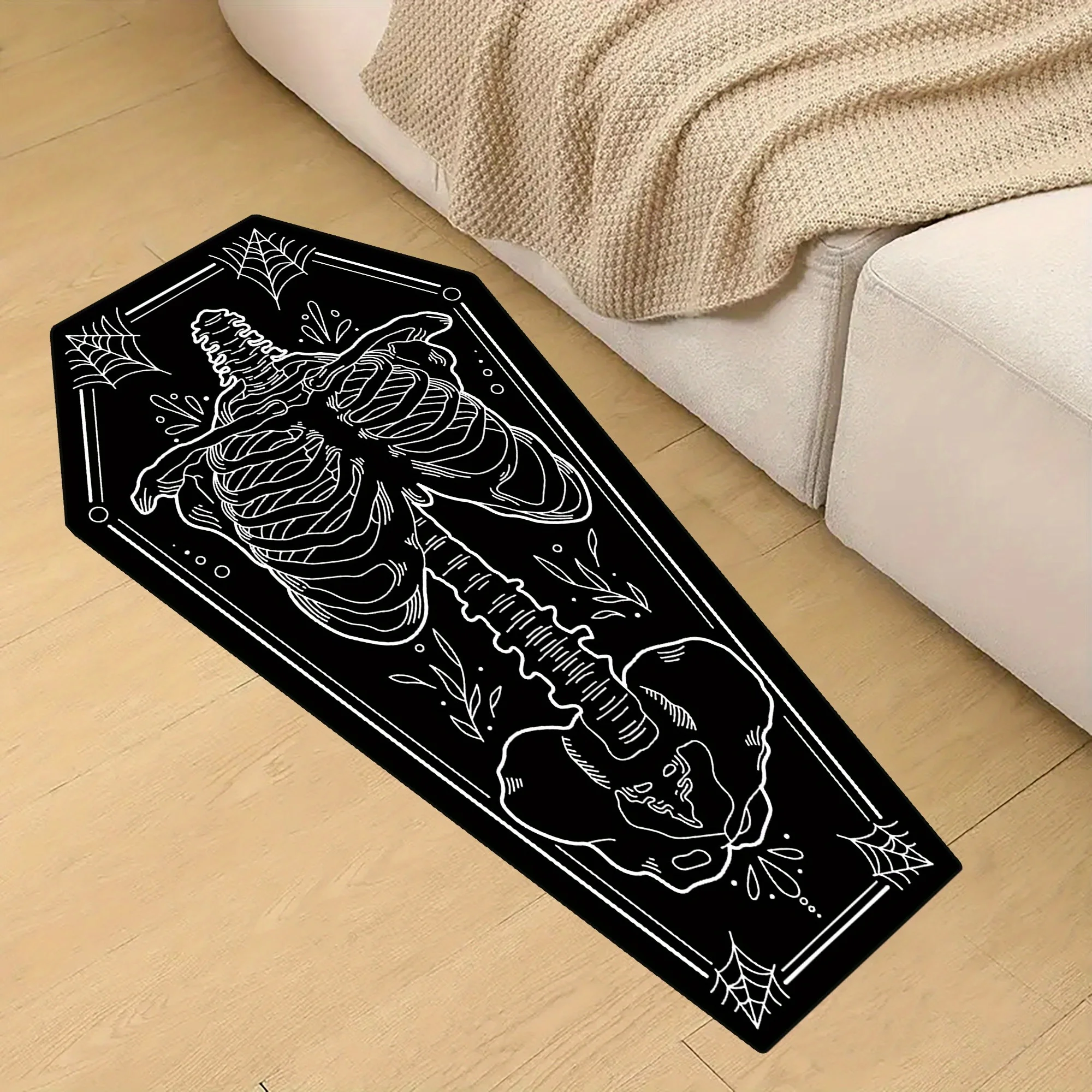 Vikama Gothic Coffin Shape Carpet Human Skeleton Pattern Soft Bedside Rugs Living Room Bedroom Carpet Halloween Party Decoration