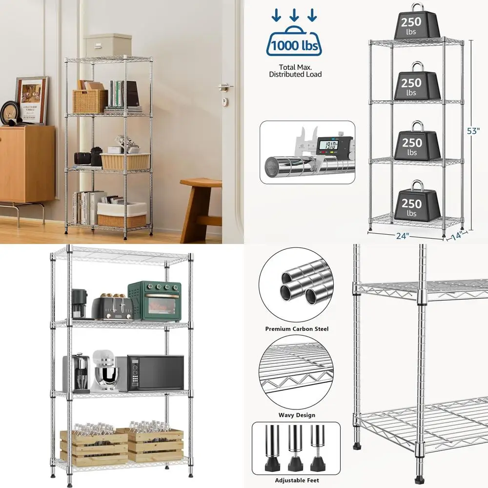 

4-Tier Metal Storage Shelves with Wheels, Chrome Finish, 13.7 Deep x 23.6 Wide x 53.4 High