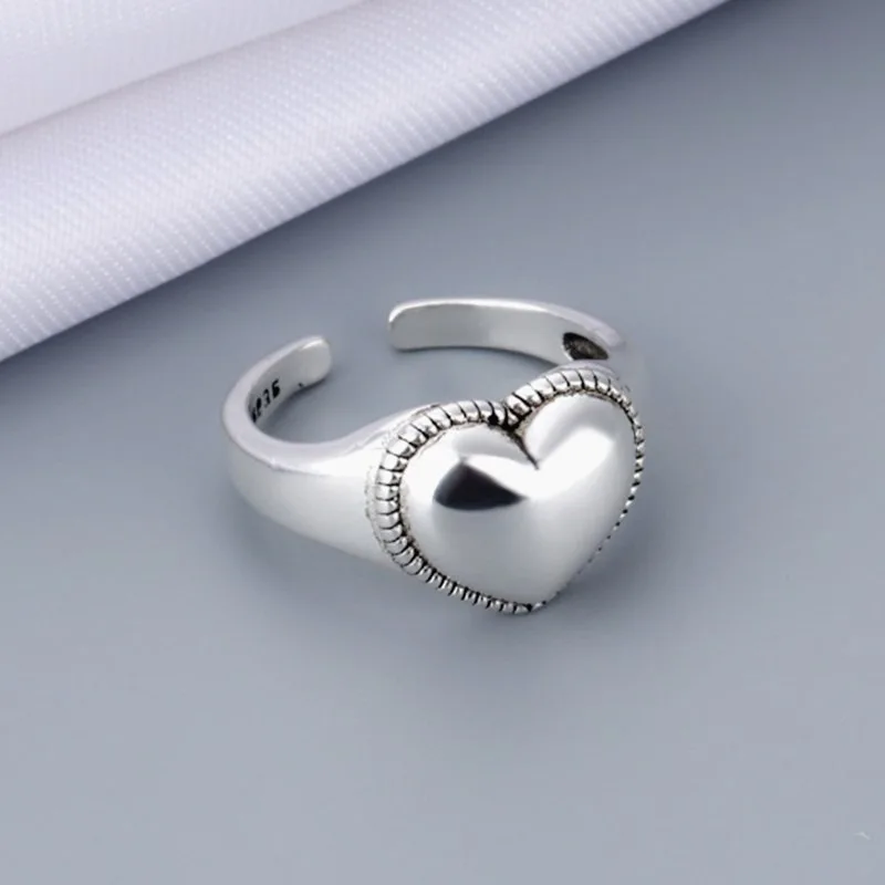 New Fashion Wide Face Love 925 Sterling Silver Jewelry Personality Convex Heart Shaped Popular Opening Rings JZ062