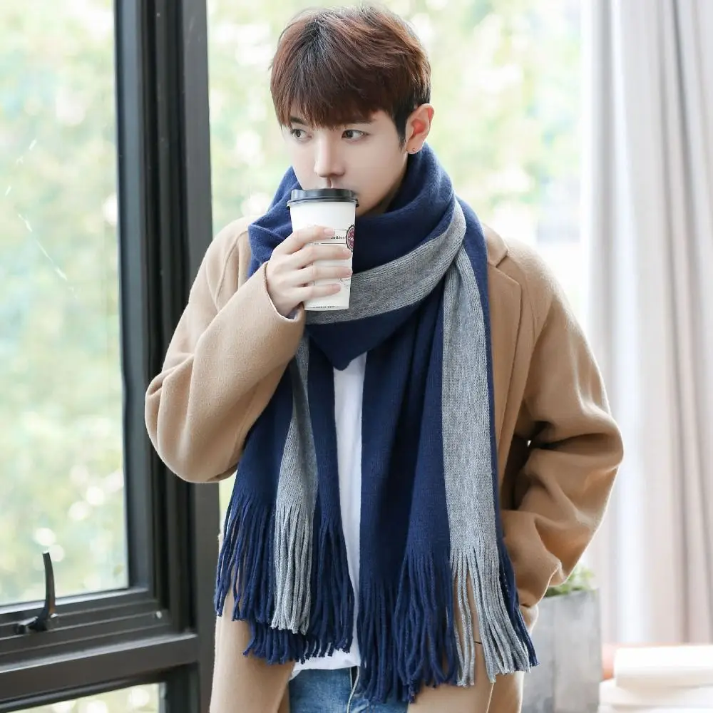 Fashion Korean Style Men Cashmere Scarf Thickened Splicing Color Long Wool Tassel Scarf Soft Warm Winter Neckerchief Girls