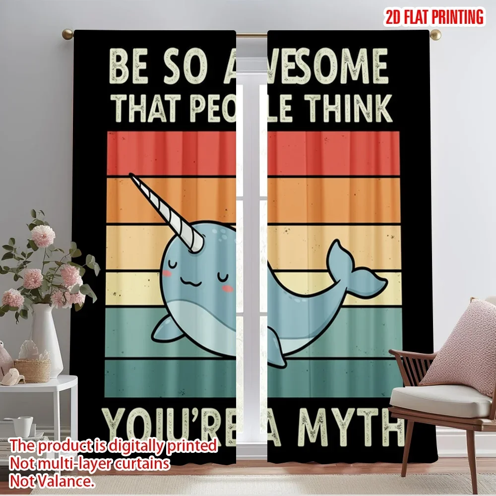 2pcs 2D flat printing Drapes Narwhal Myth Awesome Cool Polyester Fabric Without Electricity Holiday Decorations for Indoor
