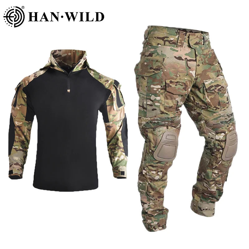 HAN WILD Tactical Shirts Airsoft Paintball Work Men Clothing Pants Uniform with Pads Shooting Combat Suits US Camo Camping Pant