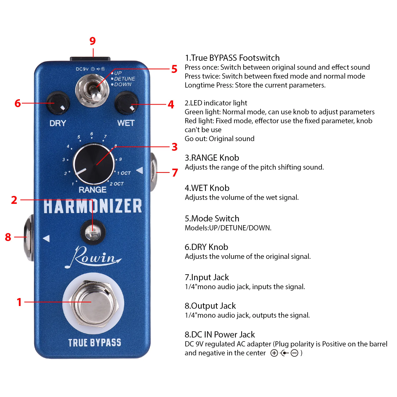 Rowin Guitar Effects Pedal Harmonizer Guitar Pedal /Pitch Shift/Detune 3 Modes Guitar Effect Pedal and RANGE/WET/DRY Knob