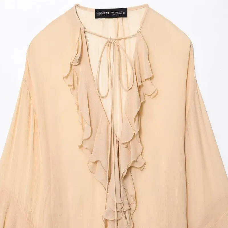 Krótki top z dekoltem w kształcie litery T, z dzwoniastymi rękawami i falbanką na dole, uniwersalny, modny dla kobiet, nowość na wiosnę i jesień 2025.