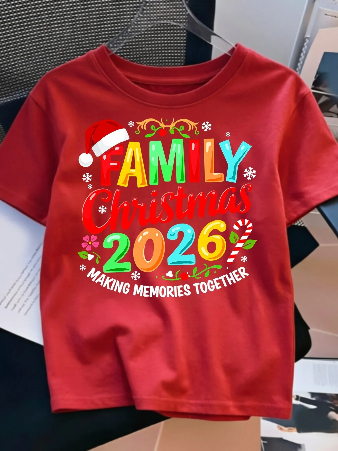 Women'S Printed T-Shirt - A Vibrant 2026 Christmas Family Print Featuring Santa Hats Candy Canes and Snowflakes