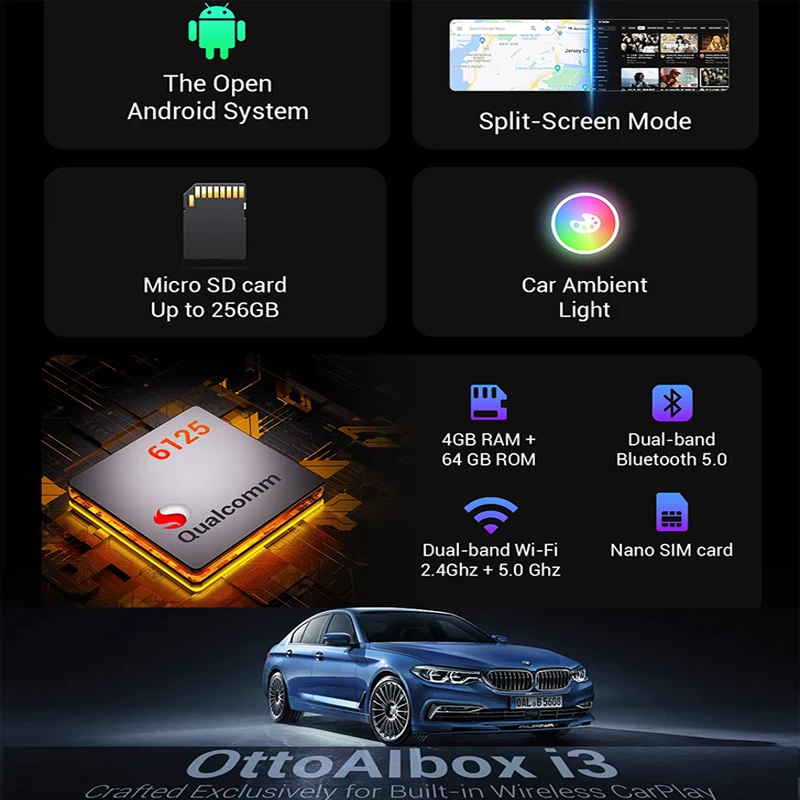 OTTOCAST Wireless Carplay Ai Box Android 13 Google Play Store Support all APP Netflix Youtube for BMW ID6-9 Multimedia Video Box