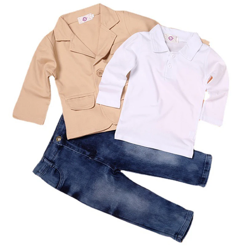 

3Piece Sets Spring Autumn Toddler Boy Clothes Outfits Casual Fashion Jackets+White Tops+Jeans Children Boutique Clothing BC1007