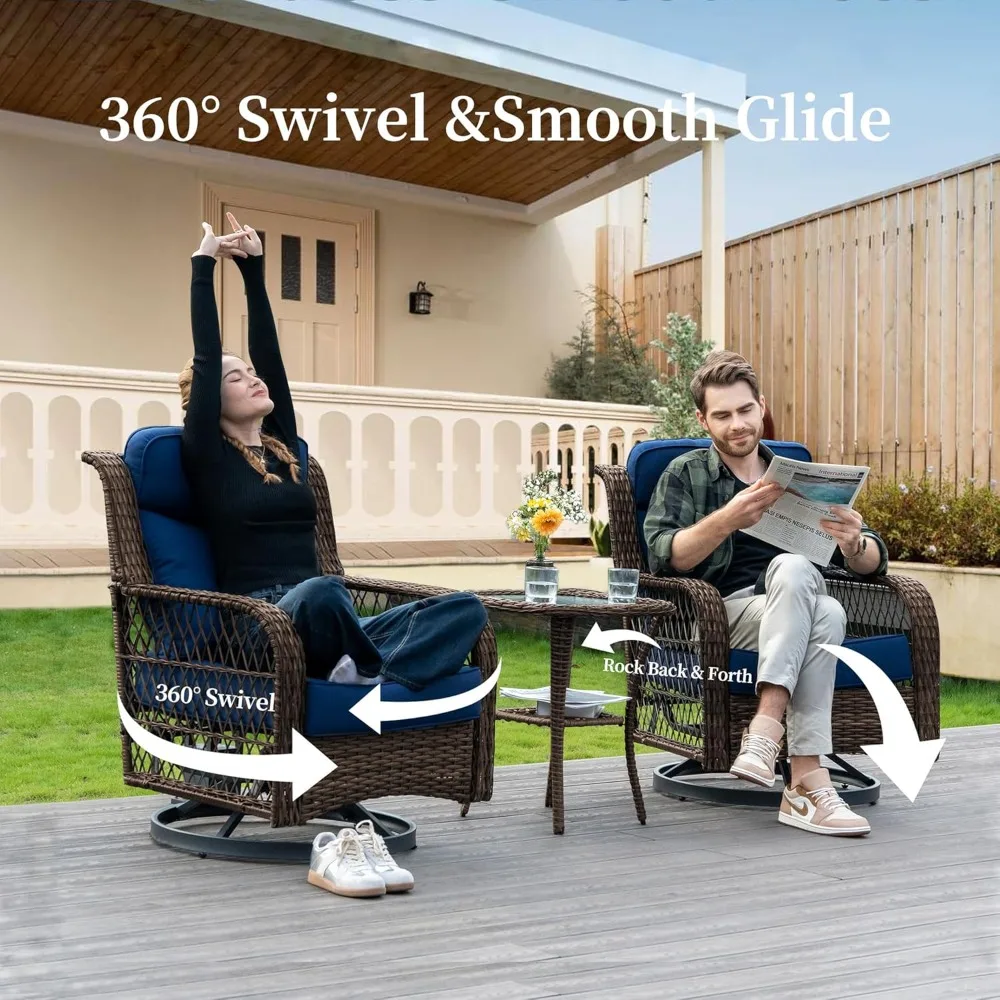 Outdoor Swivel Rocker Chairs 3 Pieces Wicker Swivel Patio Chair with Rattan Side Table, 5" Extra Thick Cushions and 25" Full Sup
