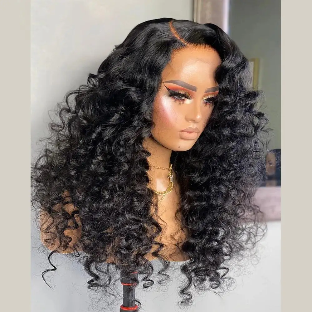 Soft Natural Black 26Inch 180Density Long Kinky Curly Lace Front Wig For Women BabyHair Heat Resistant Glueless Preplucked Daily