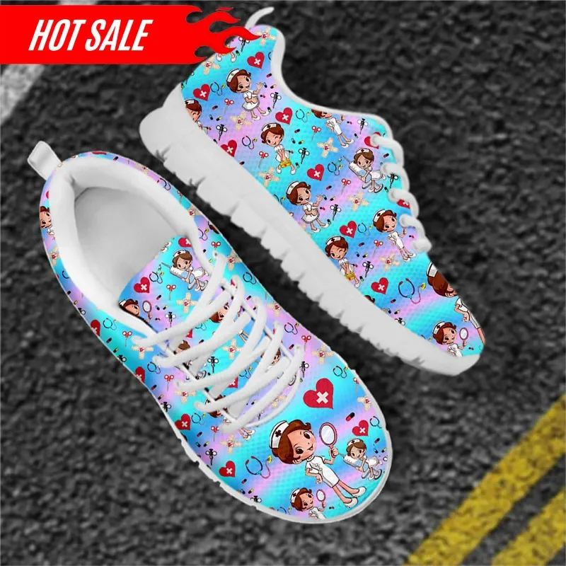 Kawaii Nurse Girls Rainbow Gradient Print Women's Nurse Shoes Healthcare Design Casual Flats Ladies Light Footwear