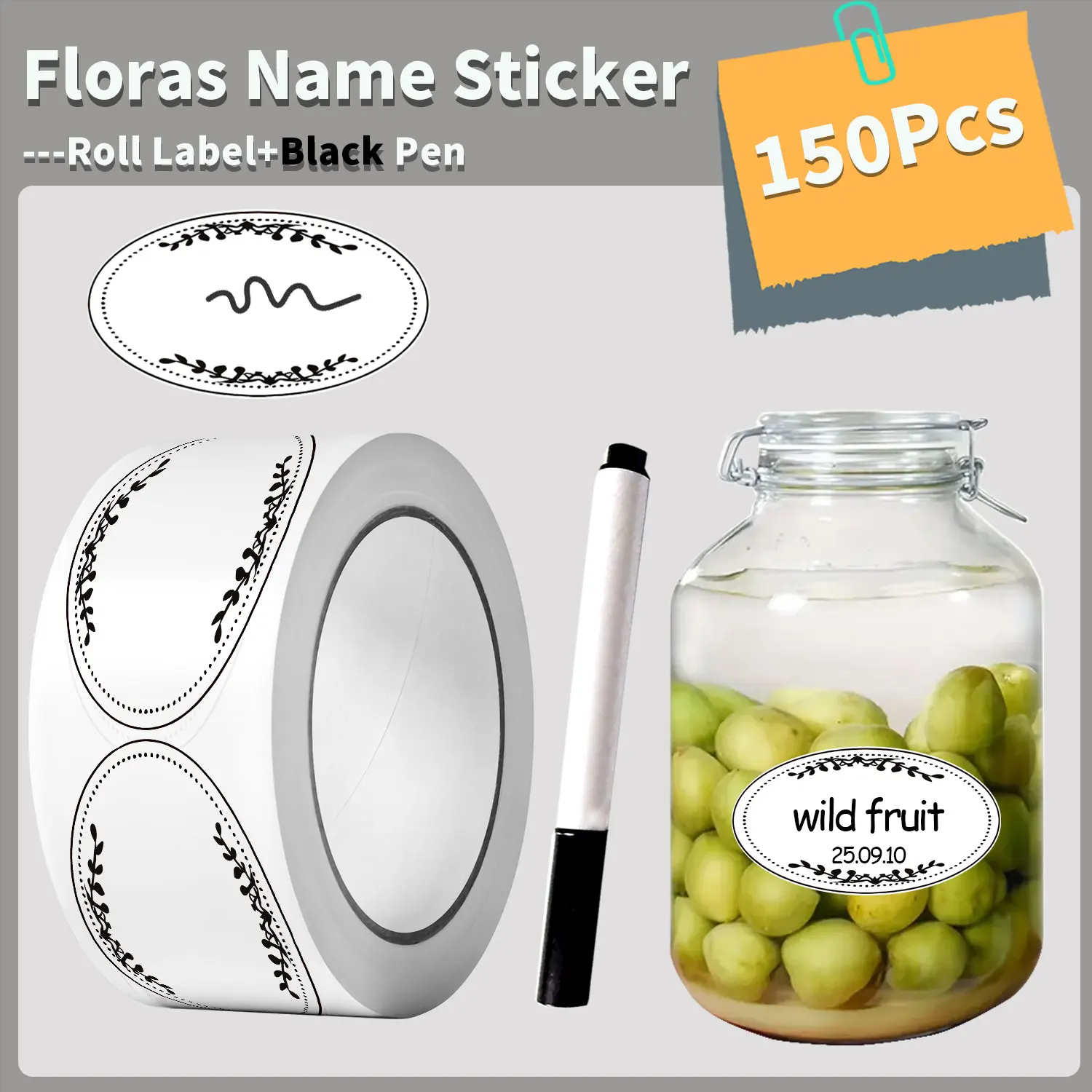 1 Rolle (150 Stück) Floras-Namensaufkleber mit schwarzem Markierungsstift, 0,98 x 1,57 Zoll, Sicherheitsdatum, Gefrierschrank, Speisekammer, Indexetiketten, Siegeletikett