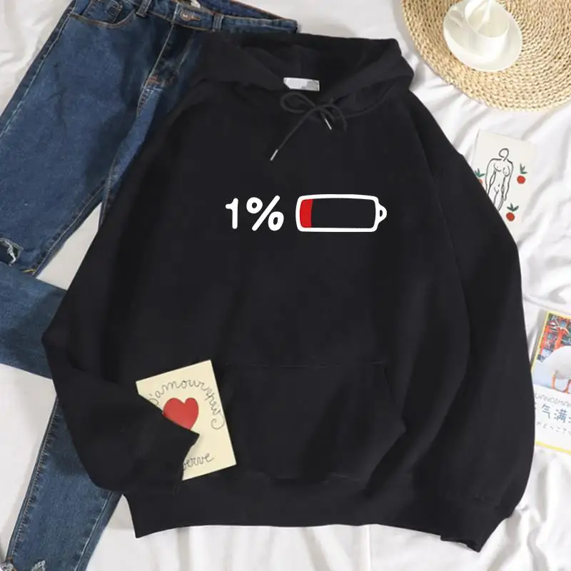 

1% Of Electricity White Printed Sweatshirt Womens Casual Autumn Hoodies Warm Fleece Pocket Pullover Comfortable Female Clothes
