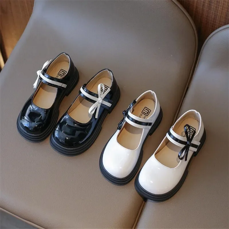 2024 Spring New Children's leather Shoes Single Little Girl Sweet Bow Princess Shoes Soft Sole black Student performance shoes