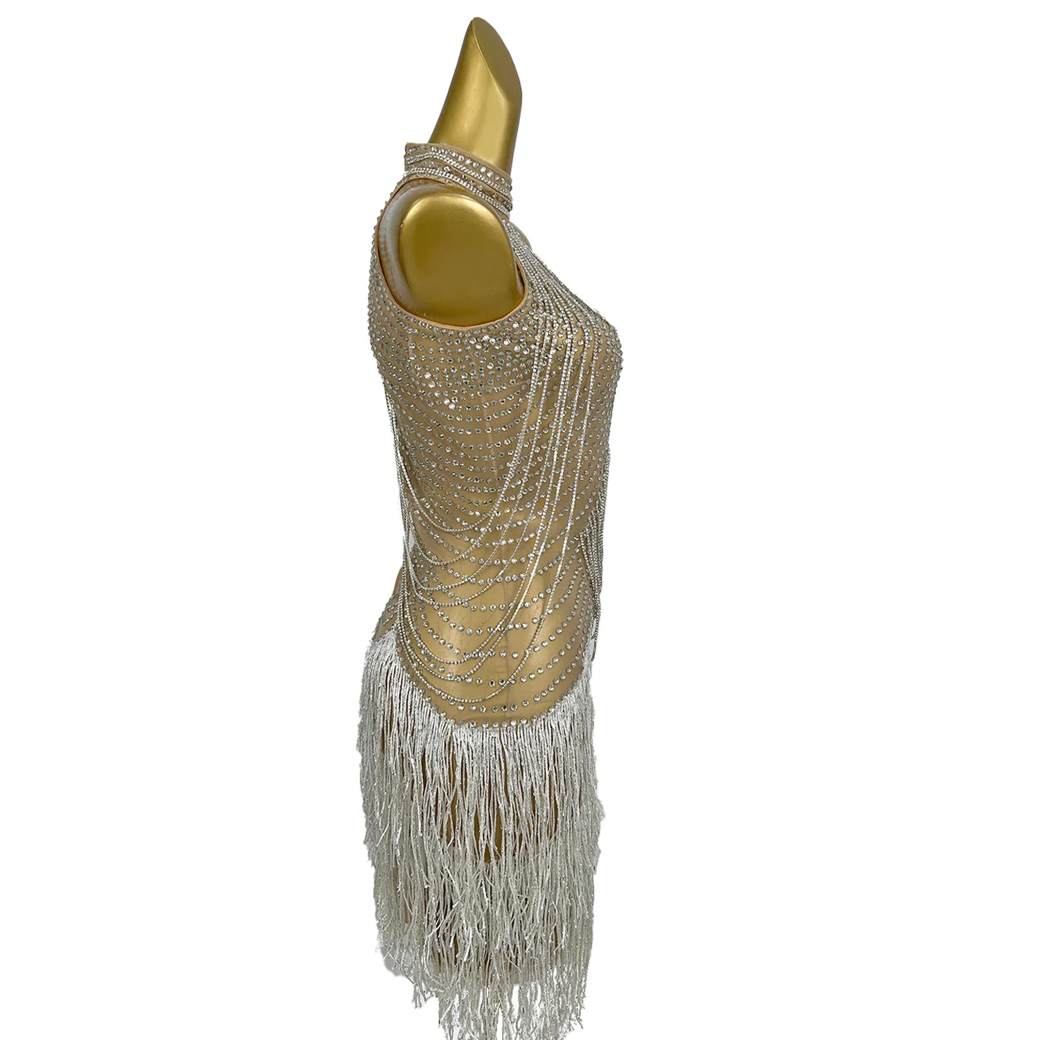 ชุดมินิเดรสตาข่ายซีทรูประดับพู่และคริสตัลวิบวับ สำหรับงานแสดงโชว์ ปาร์ตี้ไนต์คลับ การแสดงบนเวที ชุดเต้นเซ็กซี่ Wanyueliusu