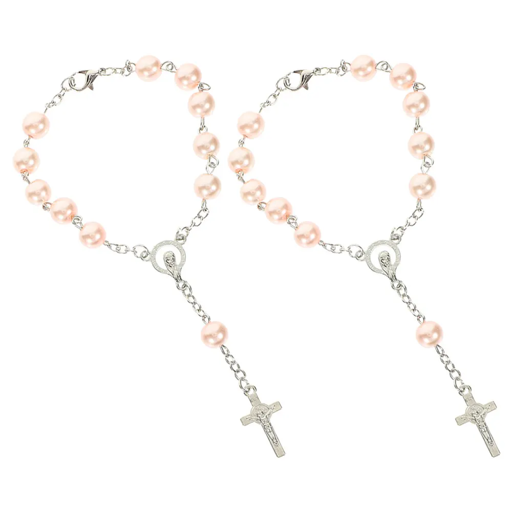 

2Pcs Car Rosary Rearview Mirror Auto Hanging Accessories Cross Pendant Catholic Beads Metal Red Spiritual Decor for Women Men