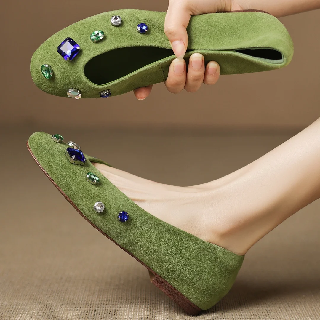 

danxuefei women's natural suede leather round toe slip-on ballet flats crystal decoration high quality soft comfortable shoes