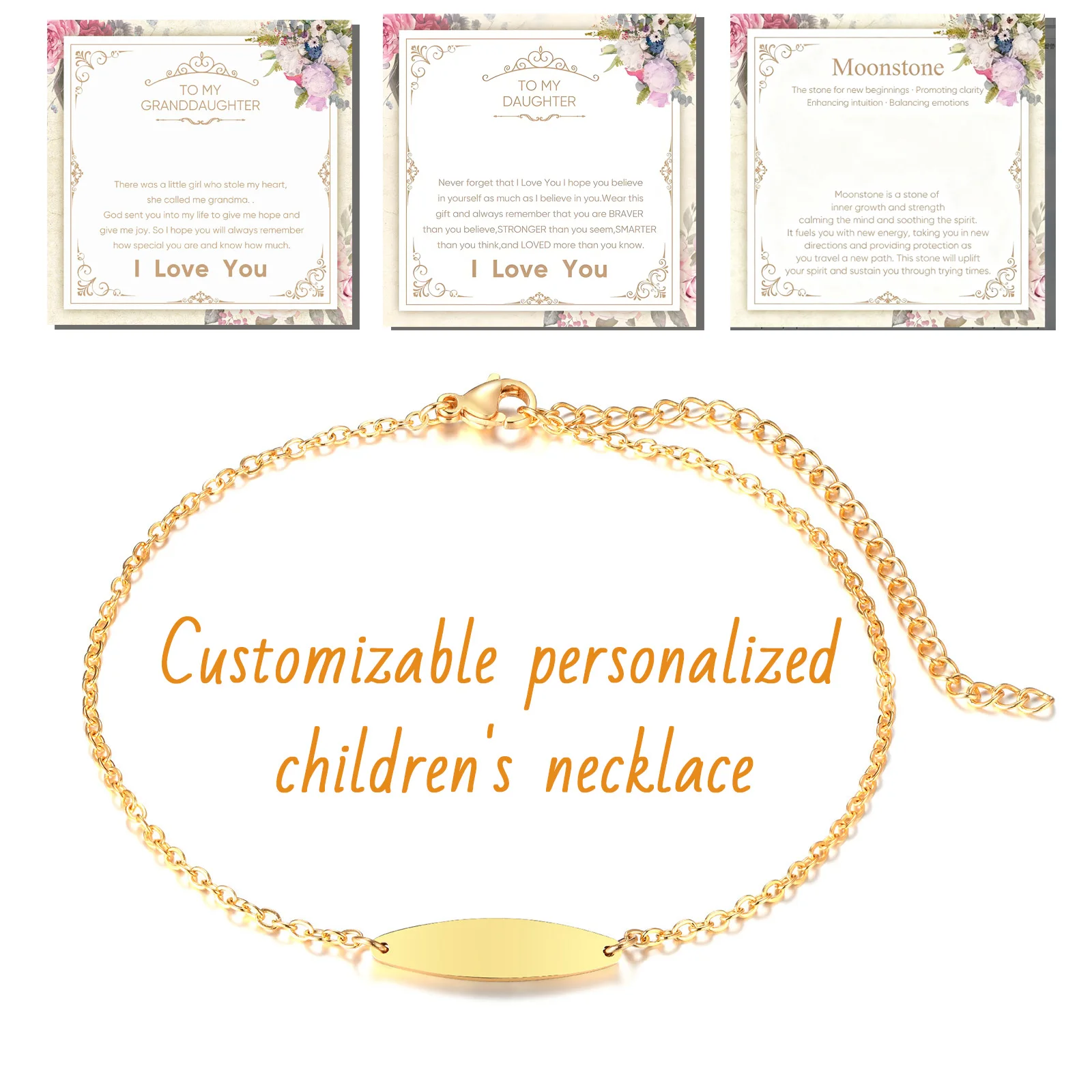 

Engraved Children Jewelry 9.5-23 inch Customize Fashion Fine Stainless Steel Kid's Necklace New Year Birthday Gifts Gold Plated