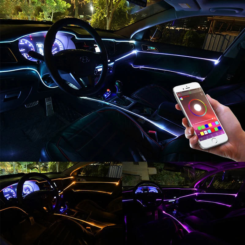 

Niscarda 6 In 1 RGB LED Atmosphere Car Light Interior Ambient Light 8M Fiber Optic Strips Light By App Control DIY Music