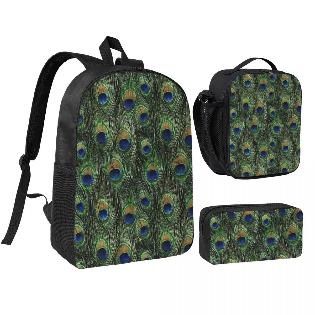 

Peacock Feathers Backpack Boys Girls BookBag School Bag Shoulder Bags 3ps Insulated Lunch Bag Pencil Case