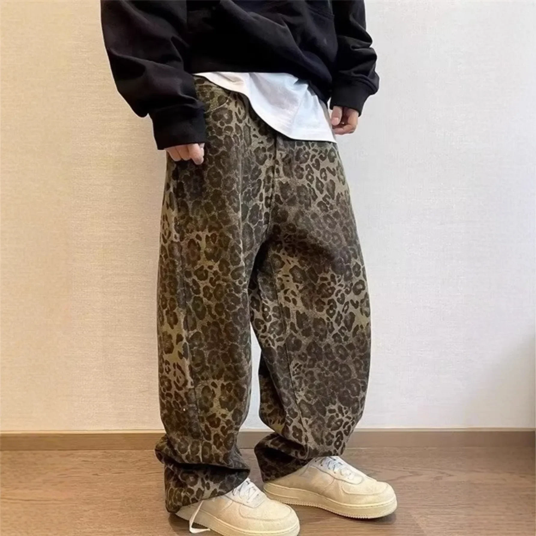 American Street Jeans Men's Spring And Autumn Trendy Brand Niche Loose And Versatile Leopard Print Wide-leg Straight Pants