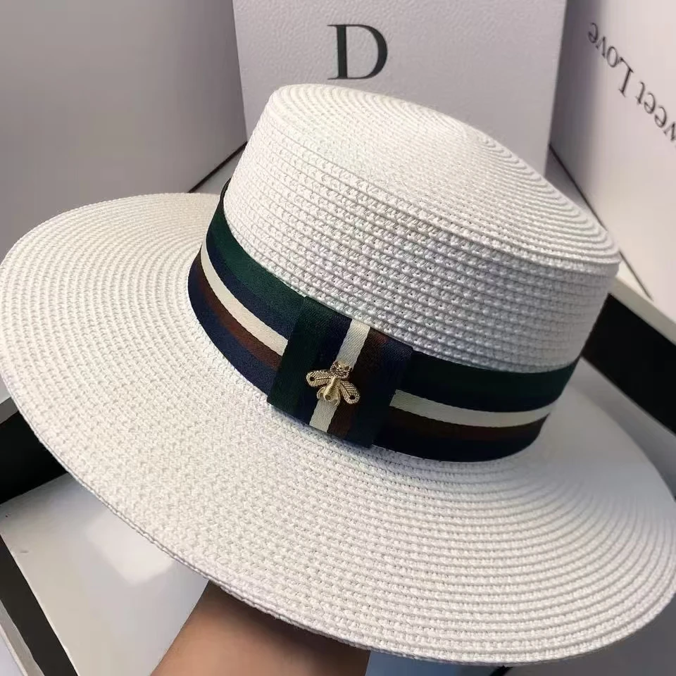 Women Summer Wide Brim Straw Hat Multicolor Striped Bee Embroidery Fashion Outdoor Travel Sun Protection