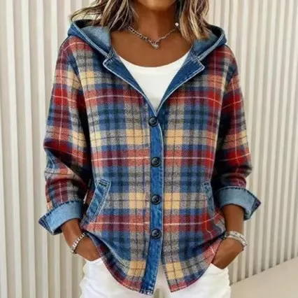 

Women Hoodie Long Sleeve Geometric Print Hooded Sweatshirt Oversized Fit Plaid Pattern Sweatshirt Button Front Rolled Cuff