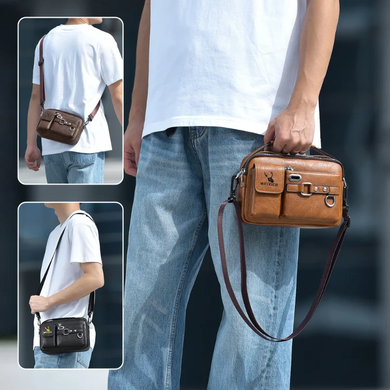 PU leather multi-functional men's crossbody bag, portable men's multi-pocket commuter hand-held shoulder bag