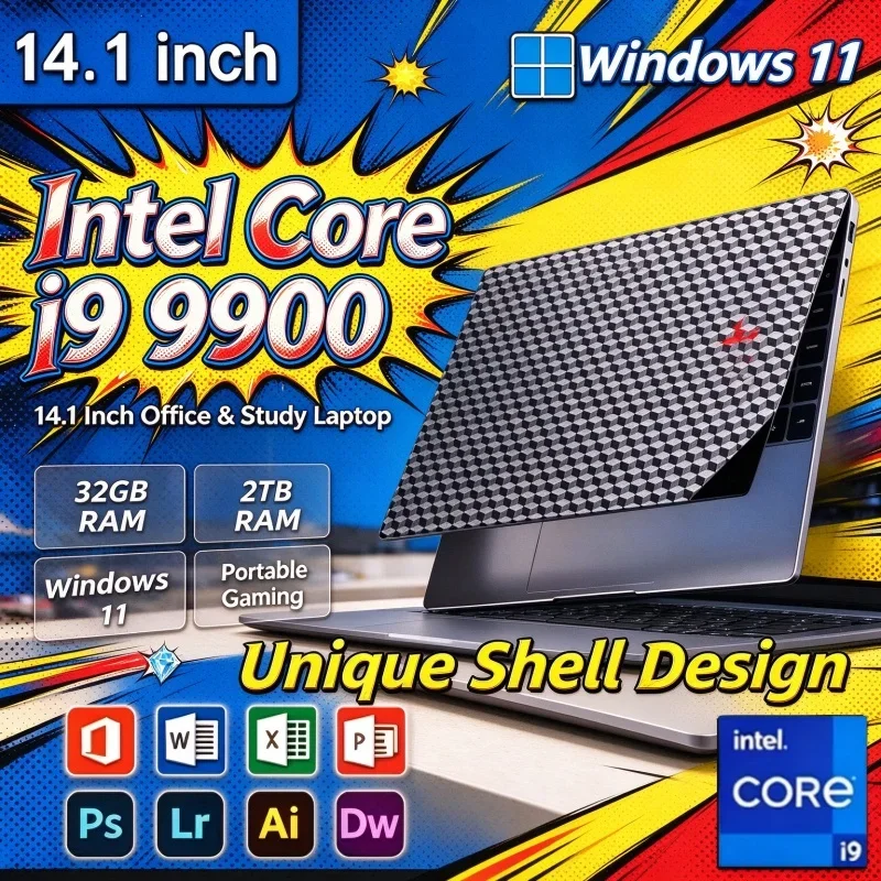 Laptop Intel I9 9900 Windows 11 14.1 Inch Rapid Notebook Computer Gamer 32GB RAM 2TB SSD PC Gaming Office