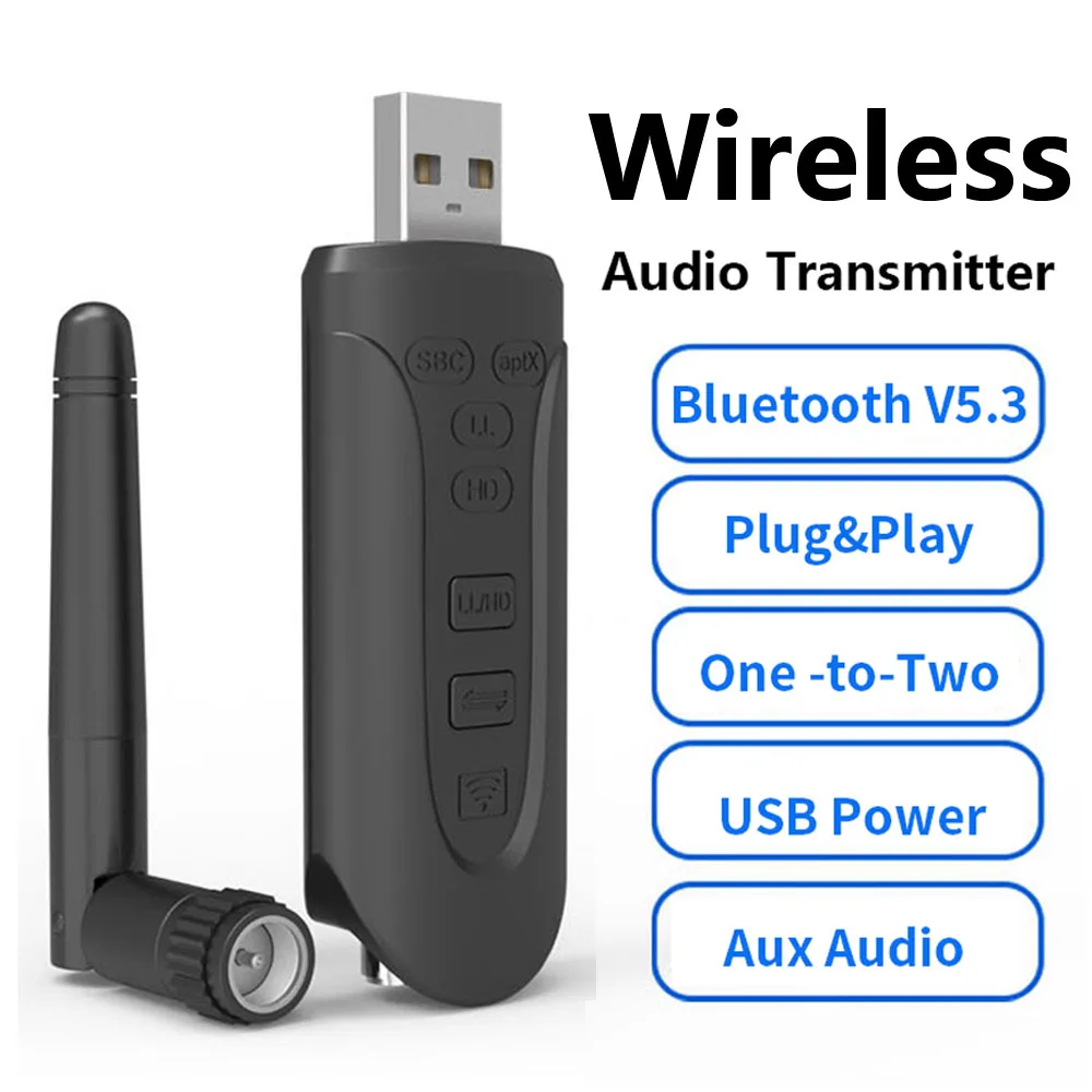 USB Bluetooth 5.3 Transmitter Stereo APTX HD 3.5mm AUX Dongle Antenna Audio Wireless Adapter For Phone PC TV Headphone