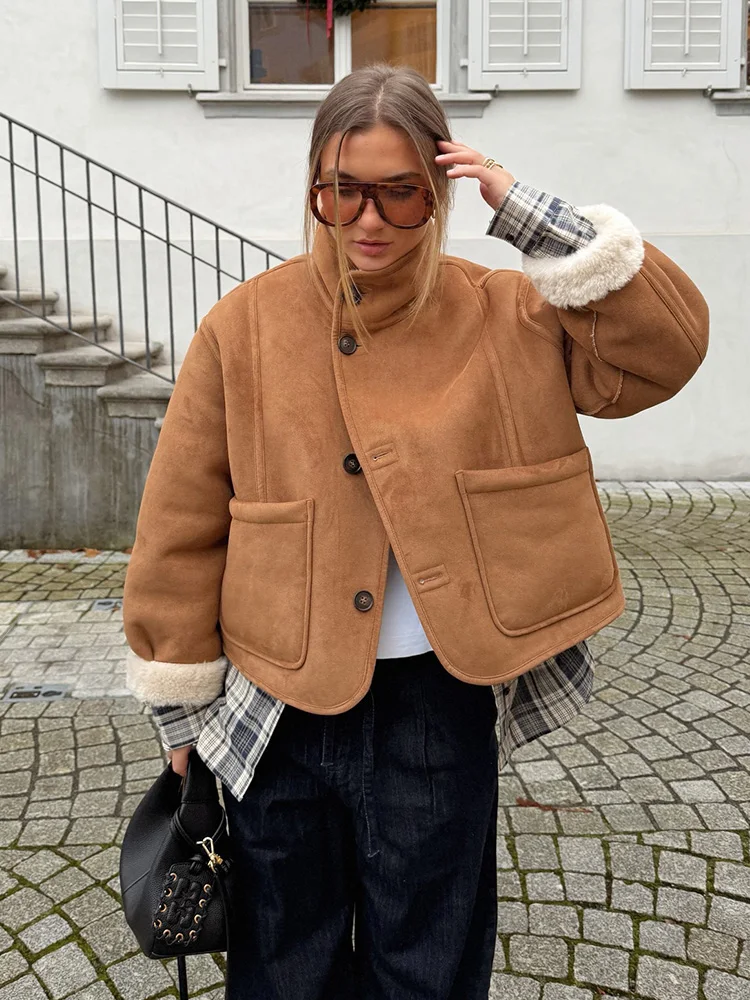 

HH Women Long Sleeves Stand Collar Pockets Single-Breasted Jacket Autumn Winter Coat Female Fashion Casual Loose Reversible Coat