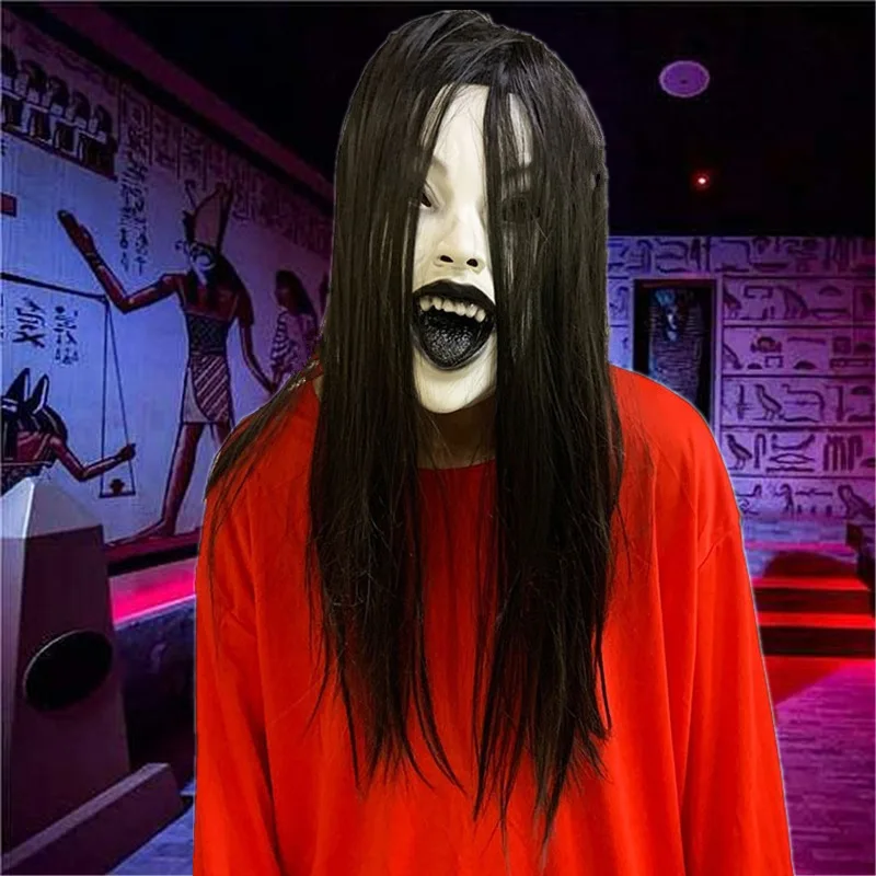 Halloween Party Horror with Long Hair Mask Scary Ghosts Face Witches Latex Mask Head Cover Haunted House Party Costume Props