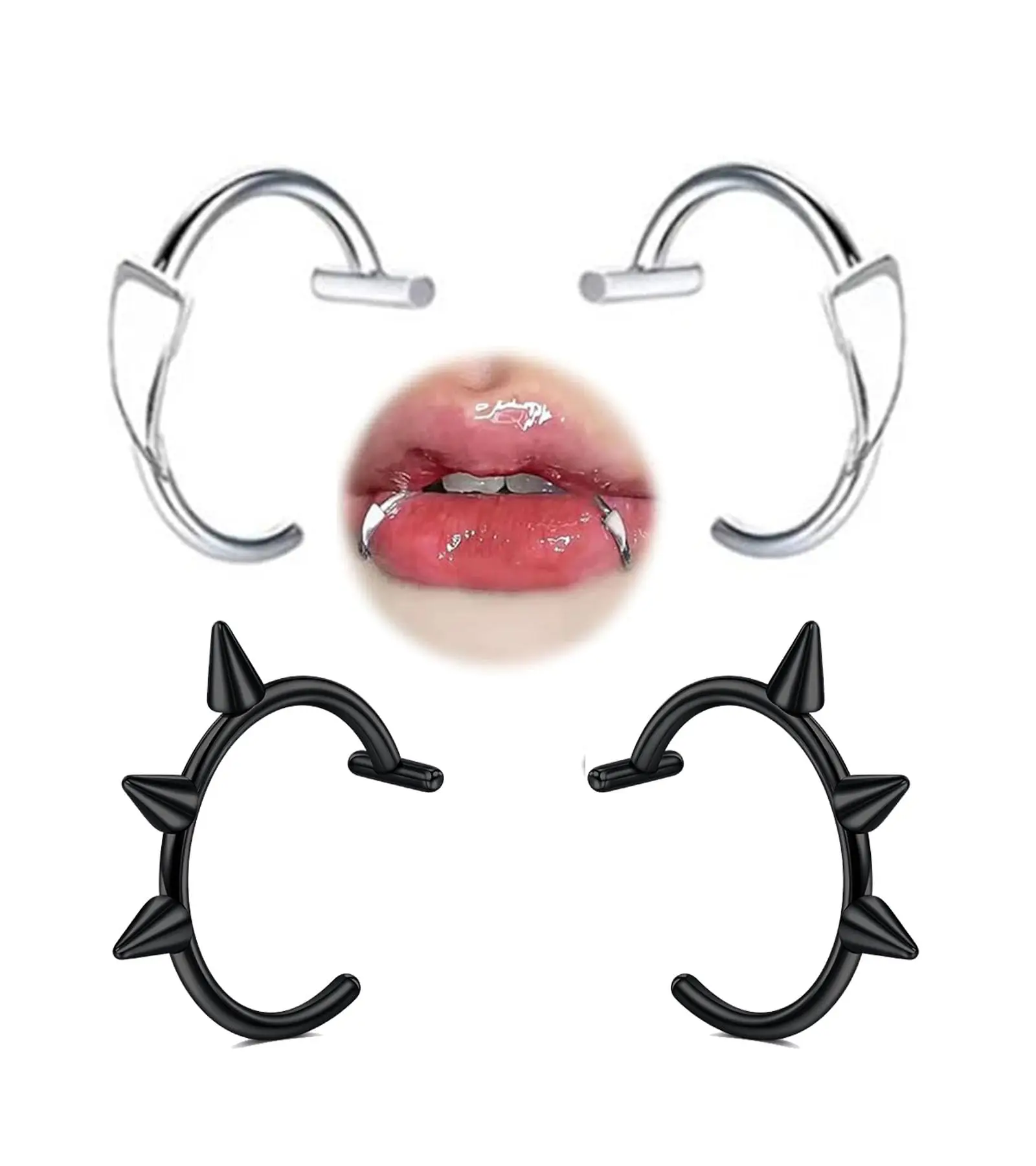 1pair Fake Vampire Teeth Fangs + 1pairs Fake Lip Piercing, Fake Lip Ring, Fake Snake Bites, Fake Snakebites, Fake Snake Bite Pie