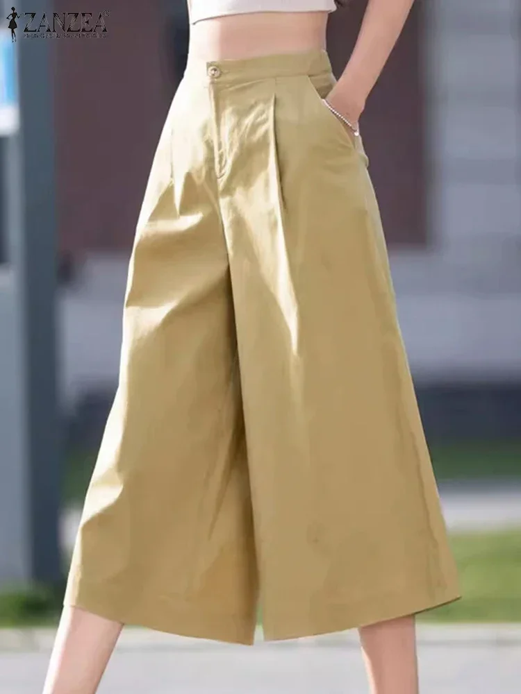 

ZANZEA 2025 Summer Long Straight Pants Women High Waist Pantalons Casual Loose Wide Leg Cropped Trousers Korean Office Bottoms