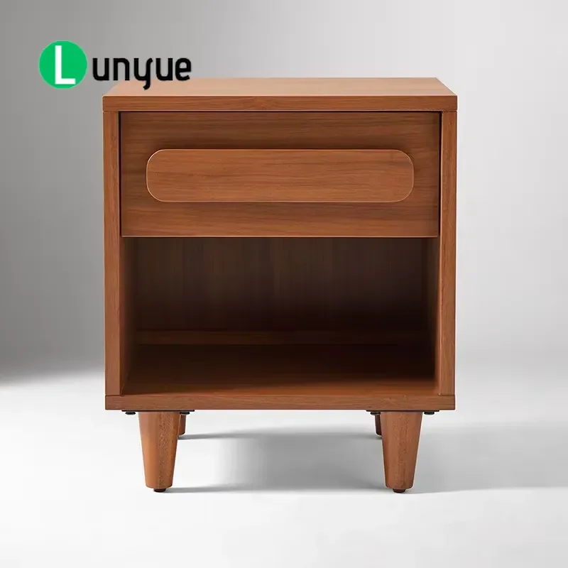 Sturdy Mid Century Modern Teak Bedside Table with 1 Drawer and Open Storage for Hotel Guestroom Apartment Bedroom Furniture