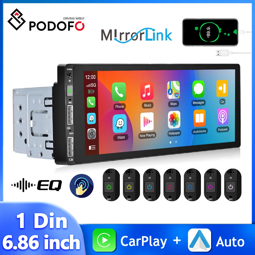 Podofo 1 Din MP5 Car Radio 6.86'' MP5 Player Wired Carplay Android Auto Universal Multimedia Player Mirror Link Car Stereo