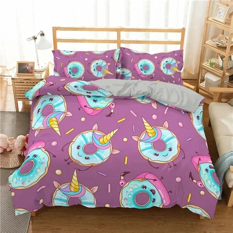 Colorful Donut King Size Duvet Cover Cartoon Sweets Chocolate Dessert Bedding Set for Kids Girl Food Polyester Full Quilt Cover