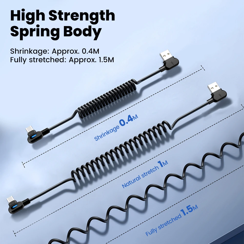 Dual Elbow Type C Cable 6A Fast Charge Short Spring Data Cable For Samsung Xiaomi Retractable USB To Lightning Cable For iPhone