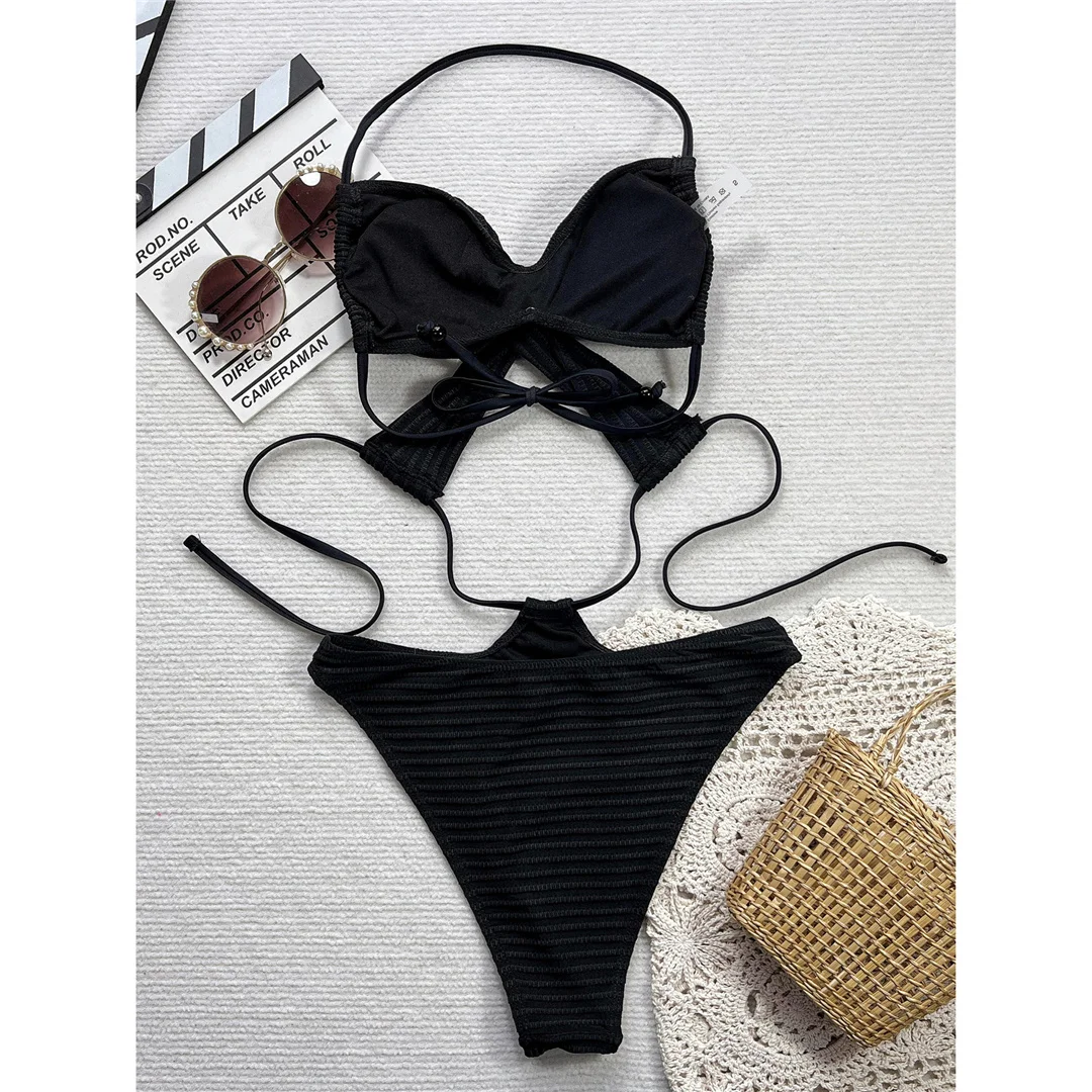 Sexy gerippter, rückenfreier Badeanzug mit Ausschnitten und Neckholder für Damen, einteiliger Badeanzug mit hohem Beinausschnitt und Polsterung, Badebekleidung V6276 – Detail 10