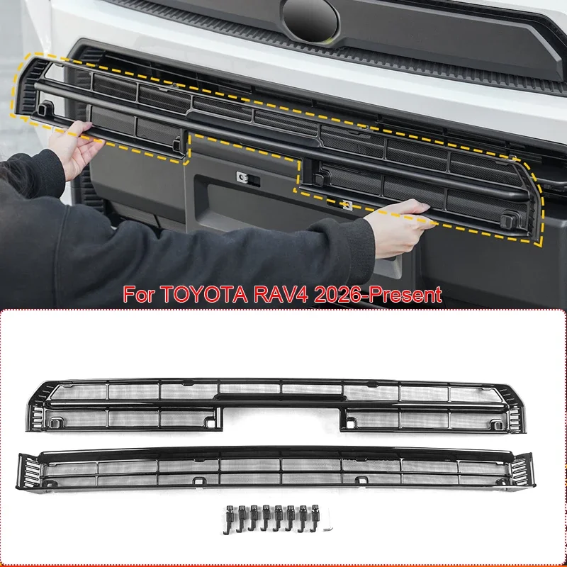 Car Replacement Upper Lower Grille  Buckle Insect Proof Net Front Bumper Center Intake Grille Cover For TOYOTA RAV4 2026-2027