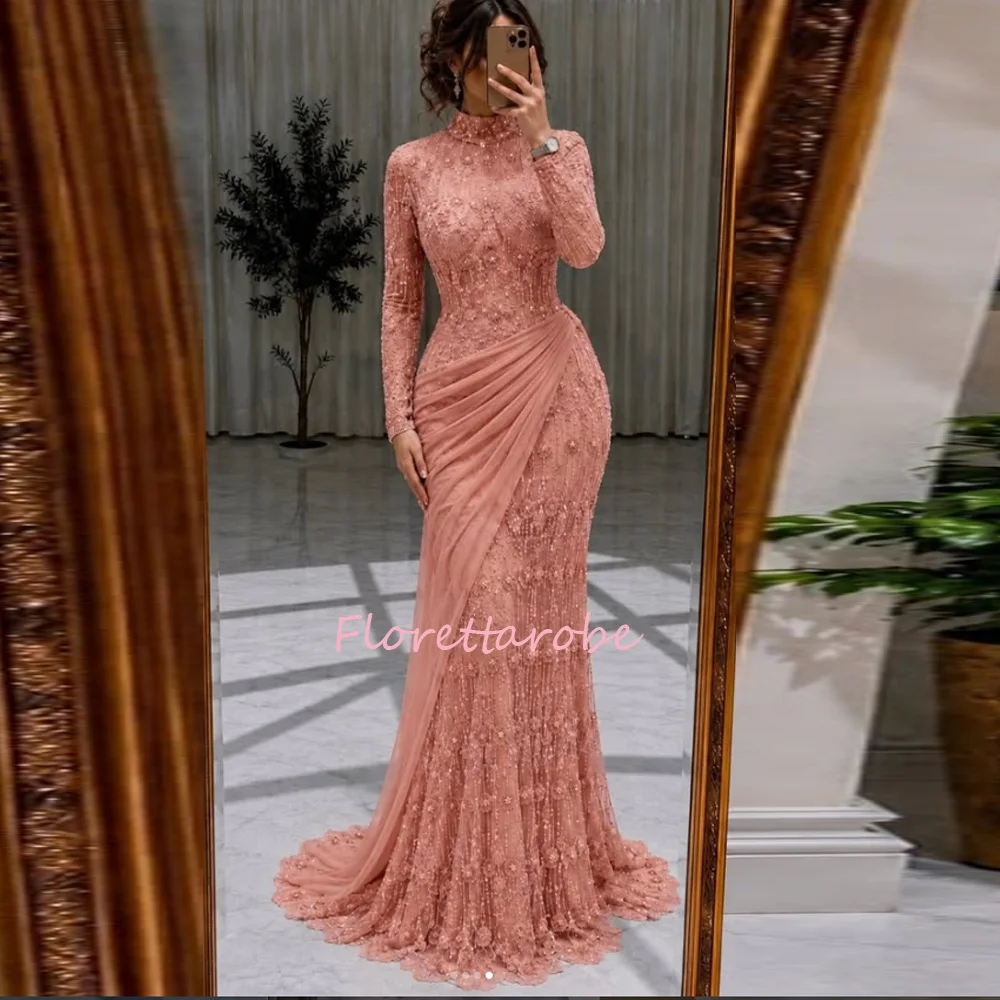 Glitzernde Abendkleider mit Pailletten und Perlen, modisches Meerjungfrauen-Ballkleid für Damen, langärmliges formelles Partykleid, Vestidos De Novia, individuell anpassbar
