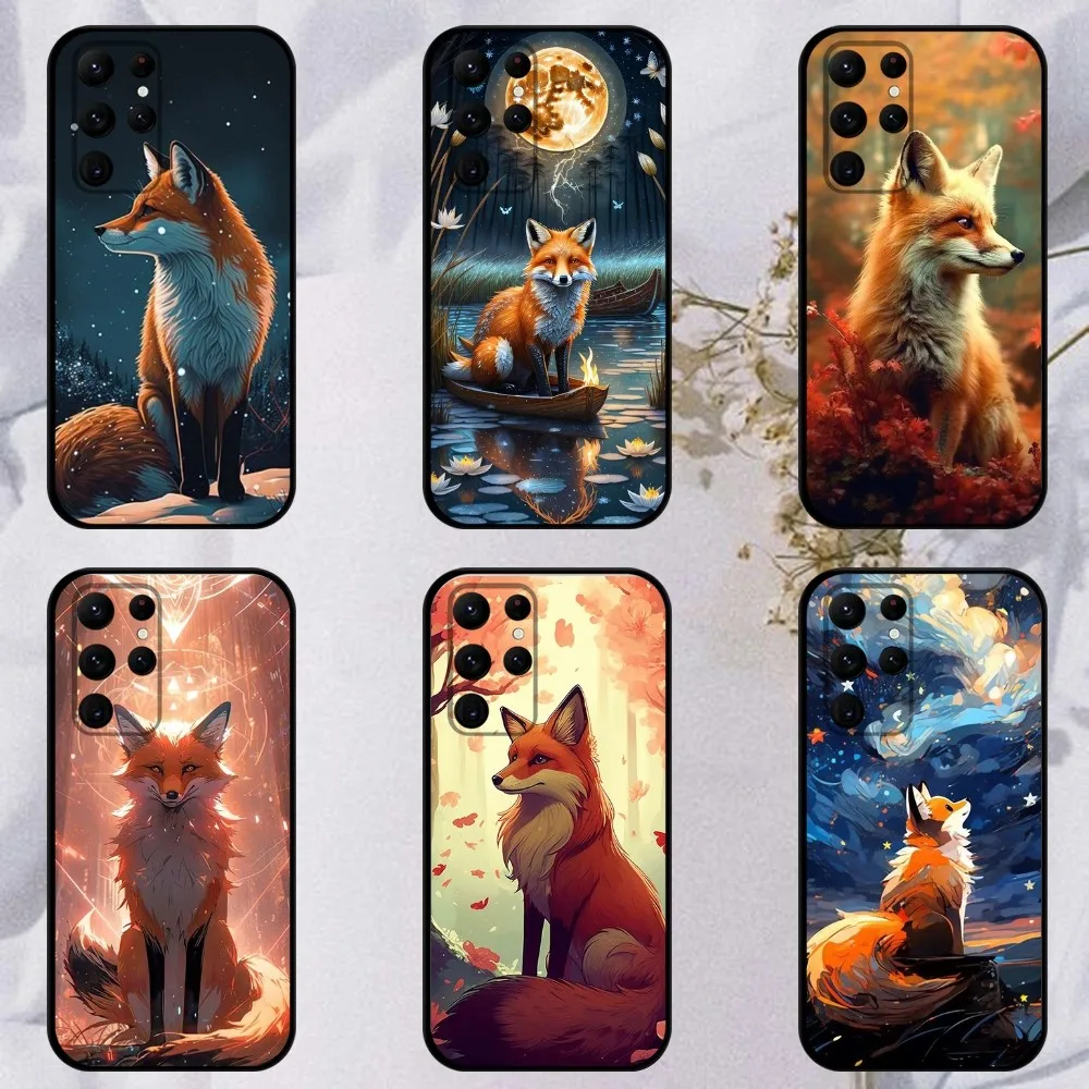 

Cute Animal Fox Phone Case For Samsung S23,23,22,30,21,10,9,Note20 Ultra,Lite,Ultra,5G,Plus,FE,Black Soft Case