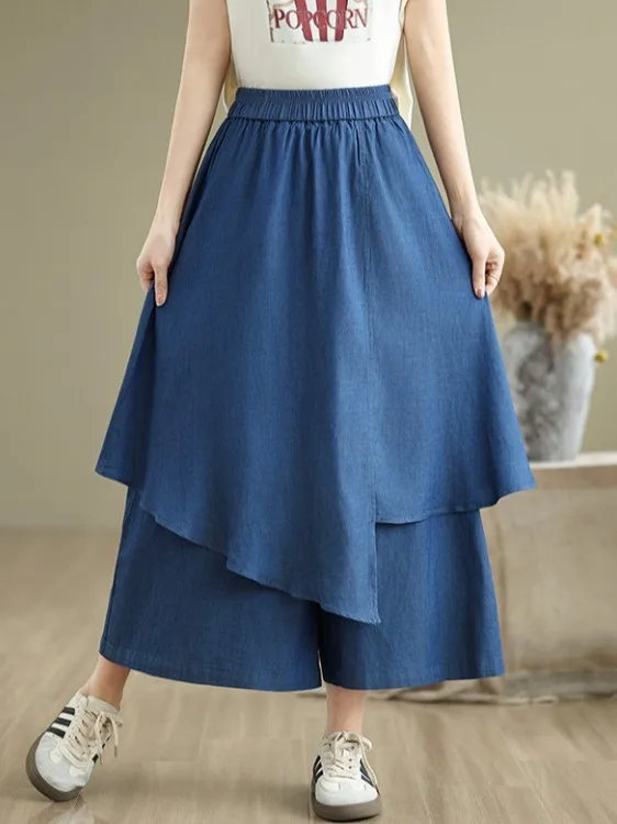 

Новые модные джинсы-юбка в корейском стиле с широкими штанинами, свободного кроя, из денима, для полных женщин, асимметричный дизайн, коллекция 2026 года